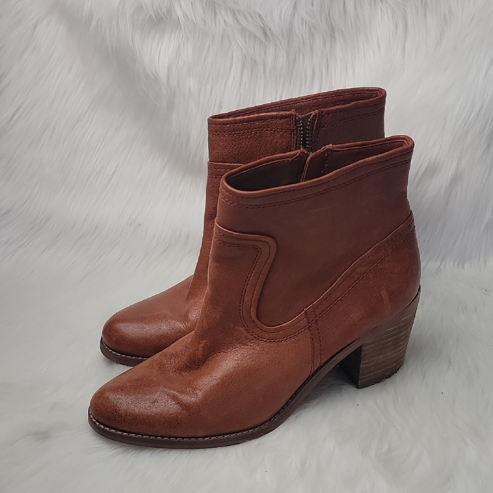 ARTURO CHIANG Tan Western Boho Block Heel Zip Leather Ankle Bootie Boots 8.5